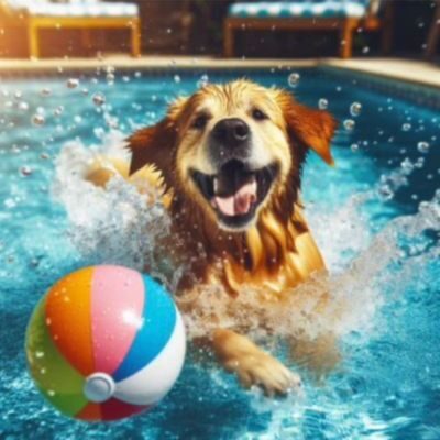 Perro disfrutando de un baño en la piscina del Hotel Canino Ferral