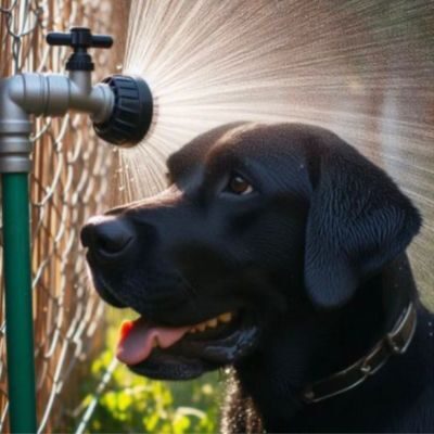 Perro disfrutando del agua proveniente de los aspersores verticales en el Hotel Canino Ferral