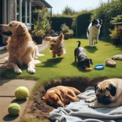 Perros jugando y socializando en la guardería del Hotel Canino Ferral